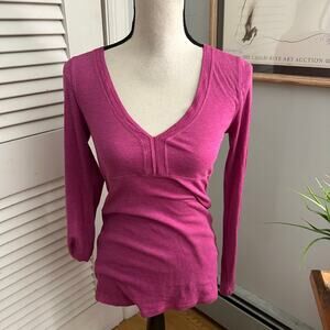Vintage ENERGIE Shirt Womens Large Fuchsia Plunging V-Neck Ribbed Knit Retro Y2K
